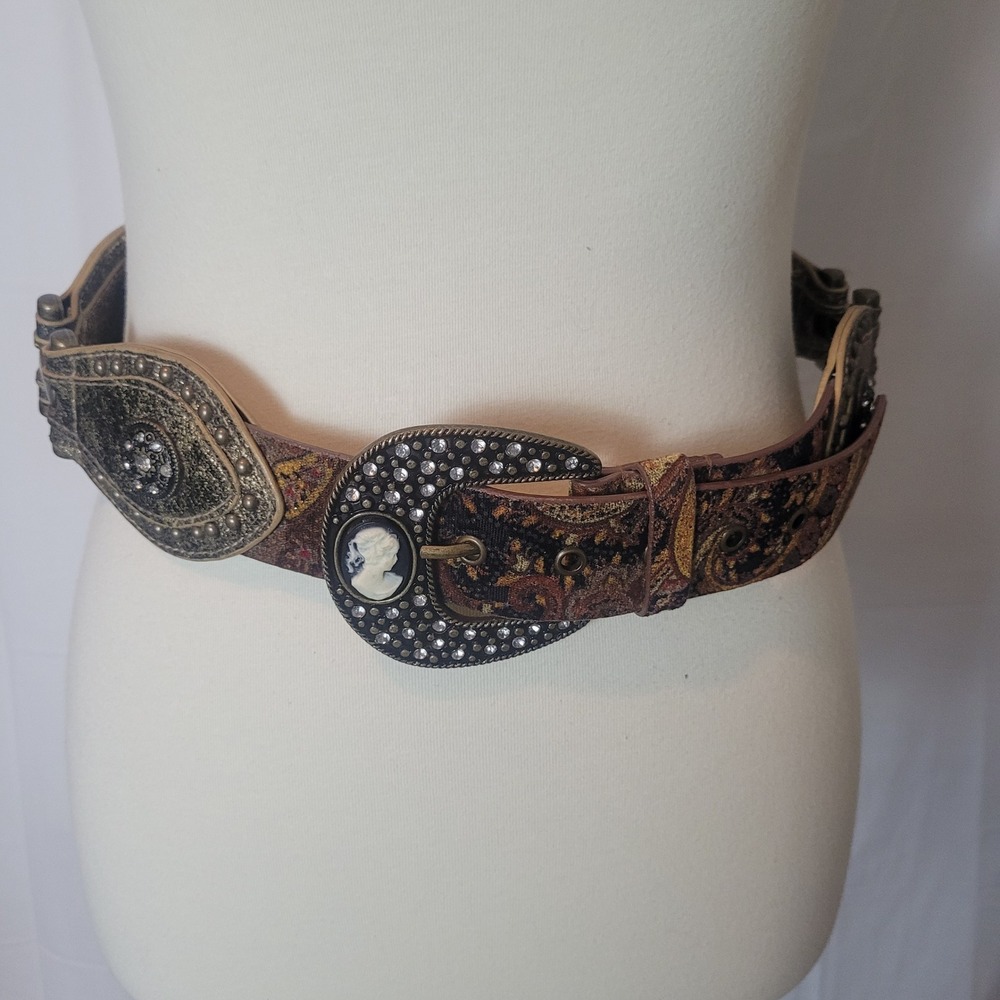 Women Paisley Cameo Belt Rhinestone Buckle Antique Brass Gold Studded Size Small